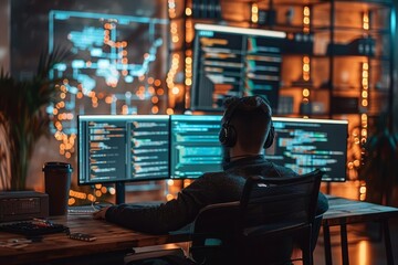 Developer integrating API in a modern workspace, holographic screens, clean minimalist design, vibrant code snippets, advanced tech tools, Futuristic style