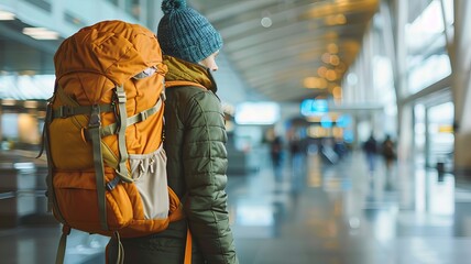 Traveler with a large backpack waits at the airport, ready for an adventure. Blurred background of airport terminal with lights and people.