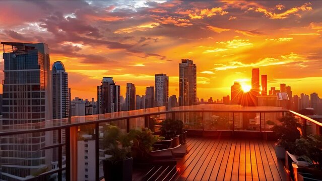 City rooftop bar offers stunning sunset view of urban skyline and skyscrapers. Concept Rooftop Bars, Sunset Views, Urban Skylines, Skyscrapers