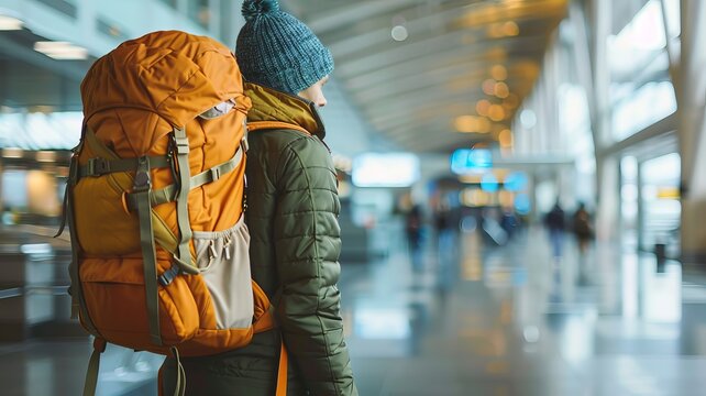 Traveler with a large backpack waits at the airport, ready for an adventure. Blurred background of airport terminal with lights and people.