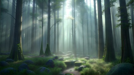 Obraz premium Design a foggy forest scene with tall trees, a mysterious atmosphere, and soft light breaking through the mist.