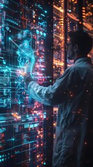 Doctor analyzing patient data on a holographic screen, sleek and modern lab, vibrant digital display, advanced telehealth technology, glowing interface, Cyberpunk style