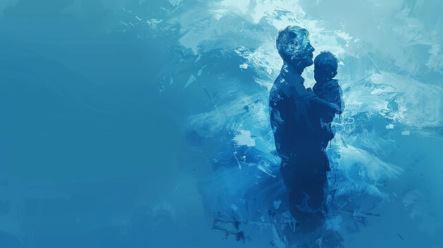 Heartwarming Father's Day Digital Art Concept with Father and Child Silhouette, Blue Tones Artwork for Posters and Prints