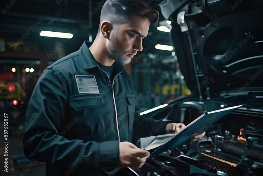Poster digital precision: a technical service worker with tablet checking on a car in the garage