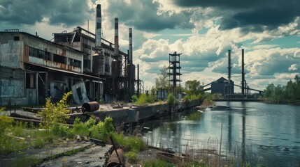 Abandoned Industrial Site: Capture a dilapidated industrial site or factory along the banks of a polluted river, with rusting machinery and abandoned infrastructure contributing.