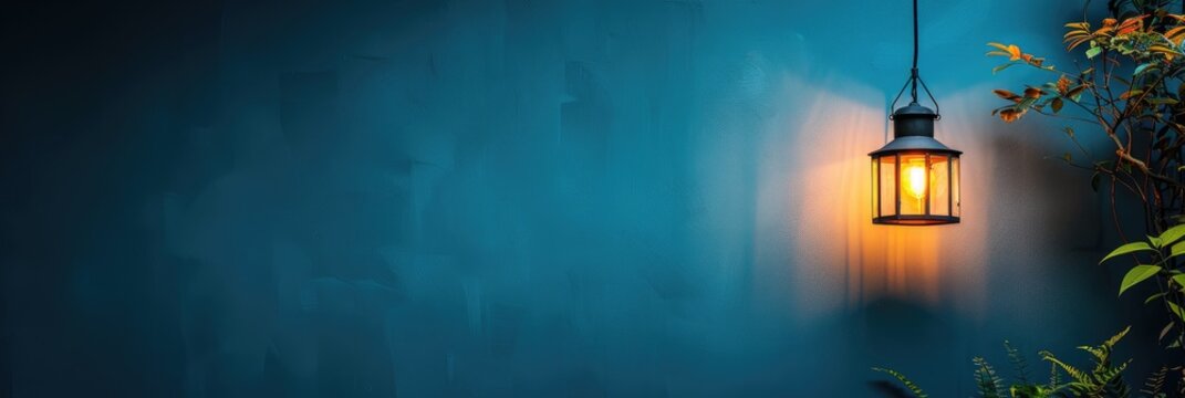Vintage lantern casting warm light on a dark blue wall with lush greenery. Perfect for calm, serene, and ambient settings.