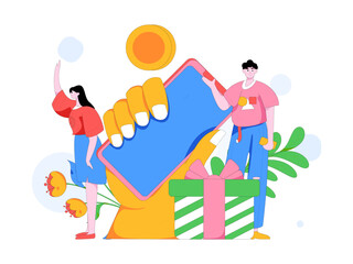 Holiday shopping people doing e-commerce online shopping flat vector concept operation hand drawn illustration
