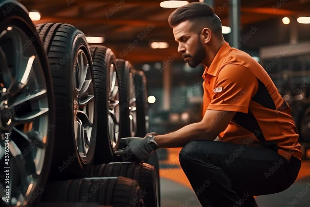 Poster a man in uniform changing a tire with car service expertise