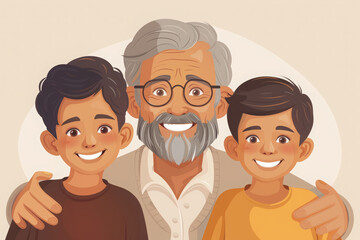 Fototapeta premium grandpa with two young boys smiling, in a flat vector illustration style, with a simple design, featuring cute cartoon characters, on a simple background.