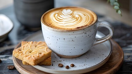Artfully Crafted Flat White Coffee Paired with Delicate Biscotti for a Moment of Refined Indulgence