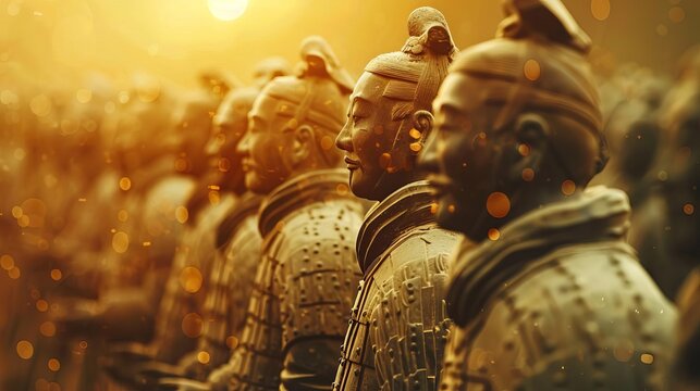Terracotta Army standing in formation, illuminated by soft, golden light