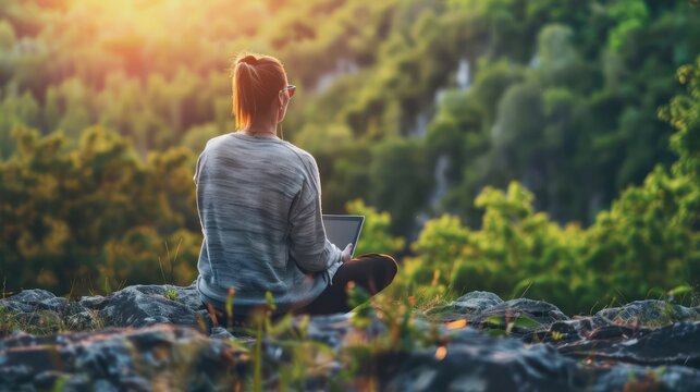 Digital Detox: Illustrate a person taking a break from screens and technology by spending time outdoors in nature, promoting mental clarity, stress reduction, and mindfulness.