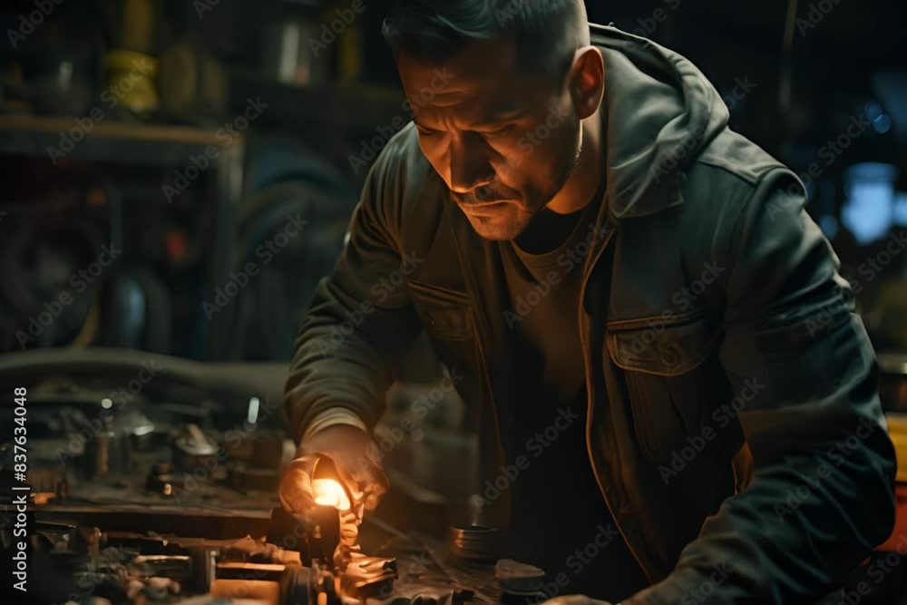 Poster a skilled mechanic fine-tuning a vehicle for optimal performance