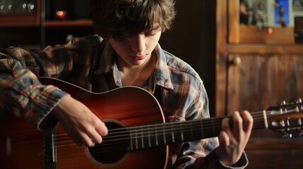 Confident boy playing the guitar,  strumming to his favorite tunes with passion