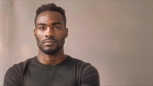 Confident African American Millennial Man Poses in Studio in Black T-Shirt. Concept Portrait Photography, Studio Photoshoot, African American Male, Confidence Poses, Black T-Shirt