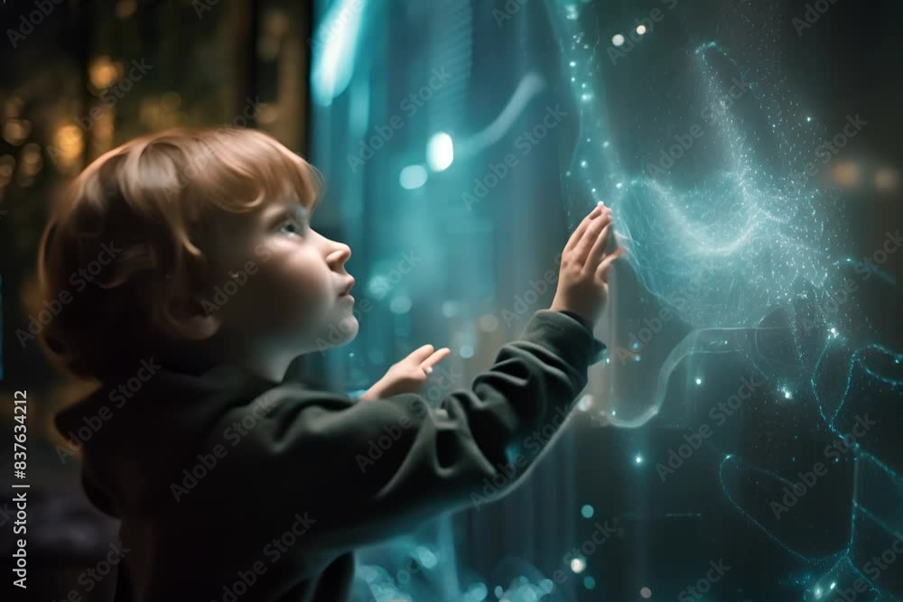 Poster a model child communicate with a robot, with virtual or robot. a future technology concept