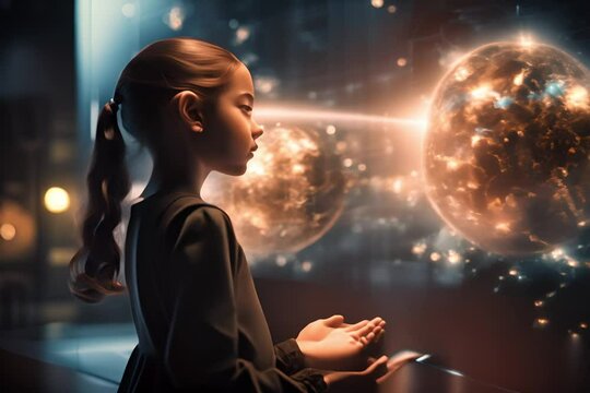 A model child communicate with a robot, with virtual or robot. A future technology concept