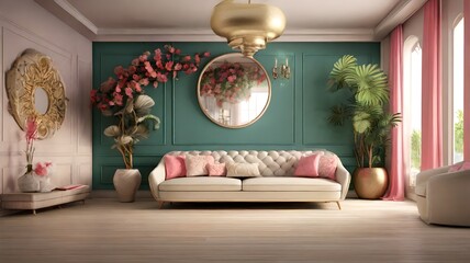 Immerse yourself in luxury with this teal and pink living room, featuring a golden mirror and floral elegance, designed to make any home feel like a lavish retreat.