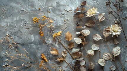 Obraz premium Tranquil Botanical Composition with Dried Leaves and Flowers on Textured Background