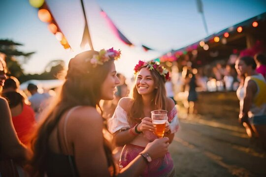 Two young woman drinking beer and having fun at Beach party together.