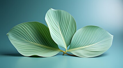 An isolated green petal leaf set against a solid turquoise backdrop, exuding a sense of calmness and tranquility in its simplicity