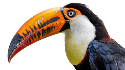 Fototapeta premium Vibrant close-up of a toucan with brightly colored beak and piercing eye. Perfect for nature and wildlife enthusiasts.