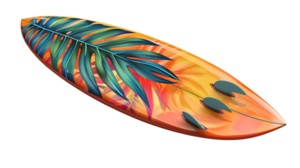 Vibrant surfboard with tropical leaf design, perfect for beach lovers and water sports enthusiasts seeking colorful and unique gear.