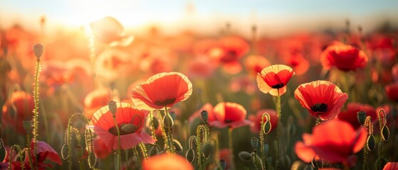 Fototapeta premium Field of poppies with clear sky, bright and vibrant, natural beauty, copy space