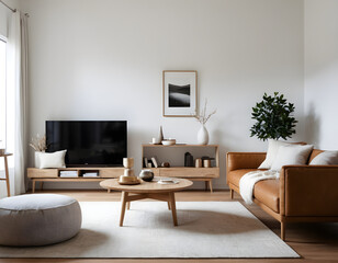 Elegant minimalistic living room with warm earth tones, comfortable sofa, chic decor on a wooden coffee table, and potted indoor plant