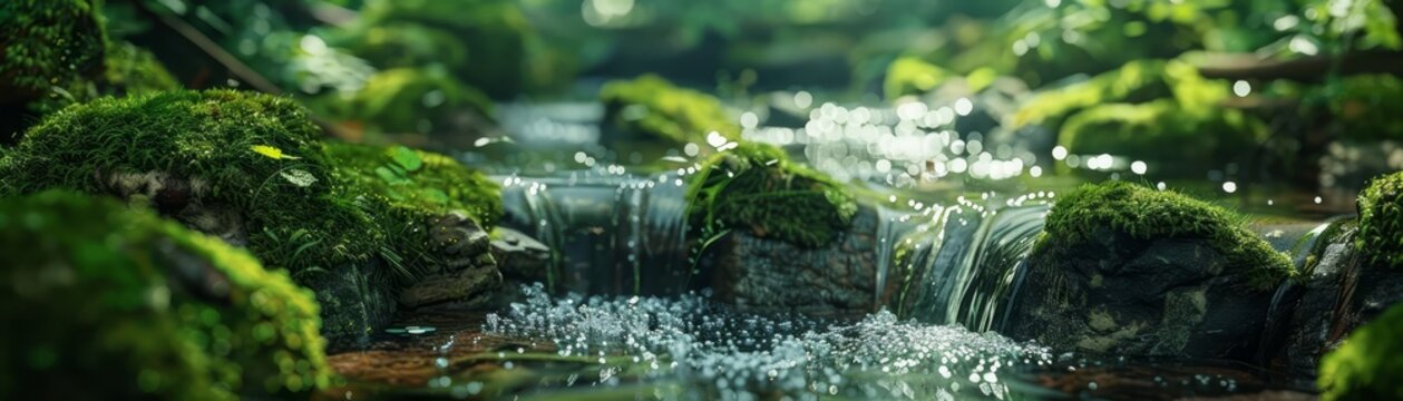 Mossy rocks in a forest stream, blurred background,