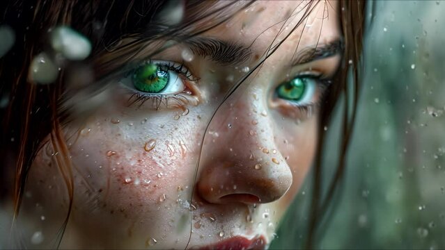 Girl with Emerald Eyes: A Melancholic Gaze Out of a Rain-Streaked Window. Concept Portrait Photography, Emotional Expression, Rainy Day, Girl with Emerald Eyes, Melancholic Atmosphere