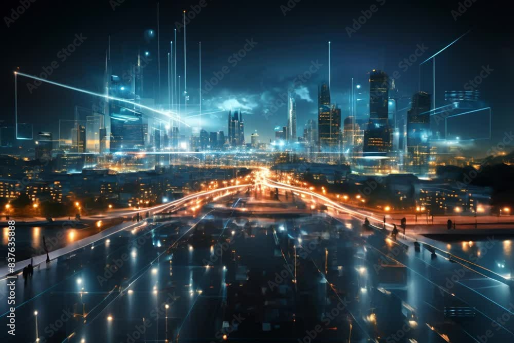 Poster digital overlay - innovations and technology in modern smart city with wireless network or big data 