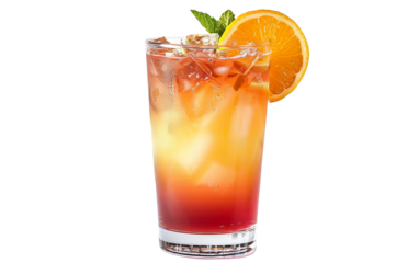 Refreshing cocktail drink with ice, garnished with an orange slice and mint leaves, perfect for summer or any festive occasion.