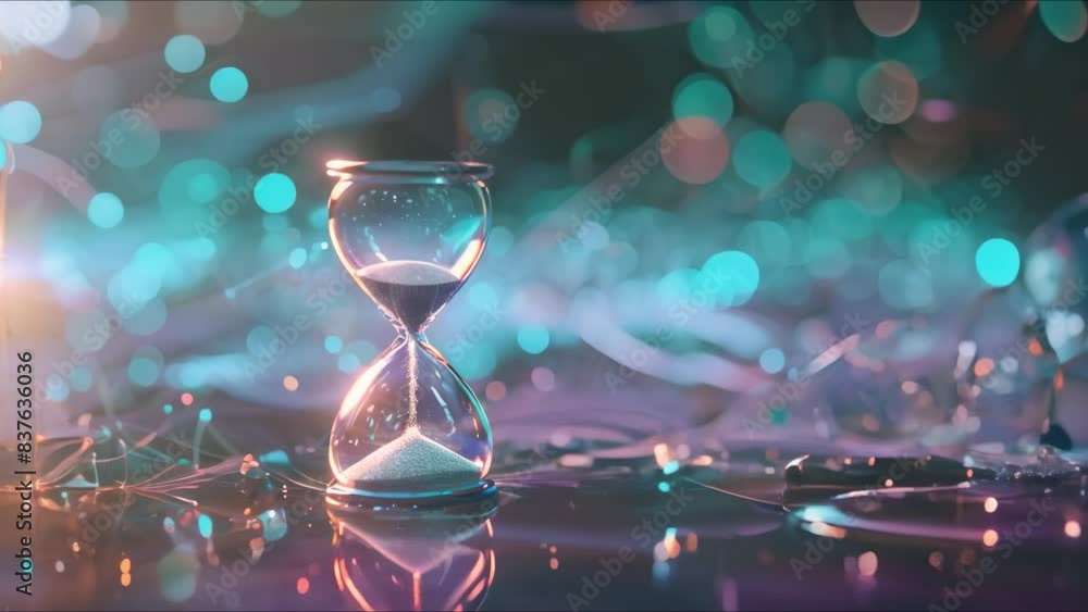 Poster time passing symbolized by hourglass with sand running on dark neural network background. concept ti