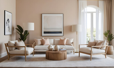 Luxurious and inviting living room with a neutral color scheme, contemporary furnishings, and tasteful artwork, creating a serene atmosphere