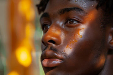 Young black man applying beauty serum on his face.generative ai