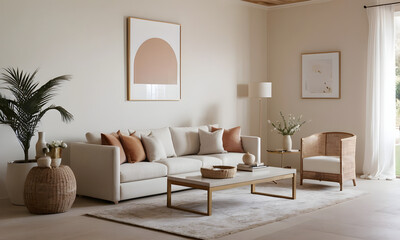 Elegant living room with a cozy beige couch, stylish decor, and a warm, neutral color palette creating a minimalist atmosphere