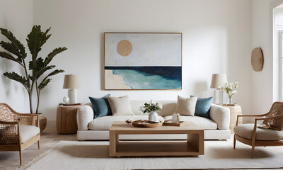 Peaceful living room with a modern painting above a comfortable couch, accented by natural wood furnishings and plant decorations