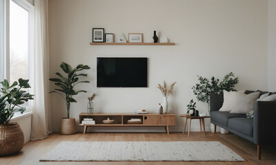Stylish living room with a modern tv, comfortable couch, wooden furnishings, and potted indoor plants for a natural touch