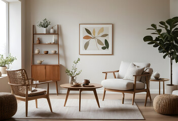 Stylish living room featuring cozy furniture, wood accents, and indoor plants for a contemporary, tranquil home atmosphere