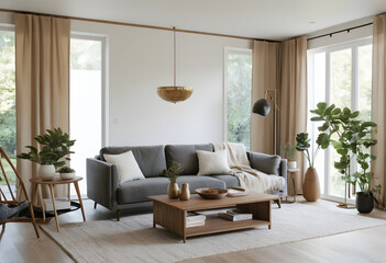 Fototapeta premium Modern and chic living room featuring a cozy grey sofa, wooden furnishings, and gorgeous indoor plants in a contemporary residence