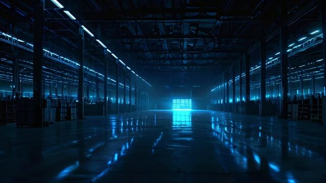 The video is of an empty warehouse with blue lights reflecting off the floor.