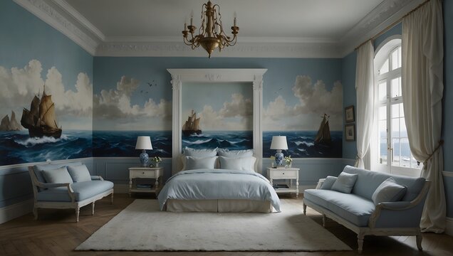 The tranquility of a white and blue room, its walls adorned with seascapes, inviting the mind to wander to distant shores ai_generated