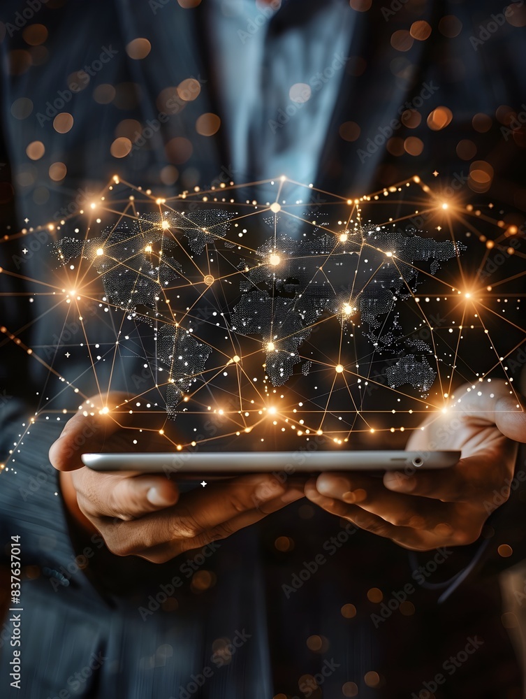 Poster businessman holding tablet with global business network map displayed for technology networking and 