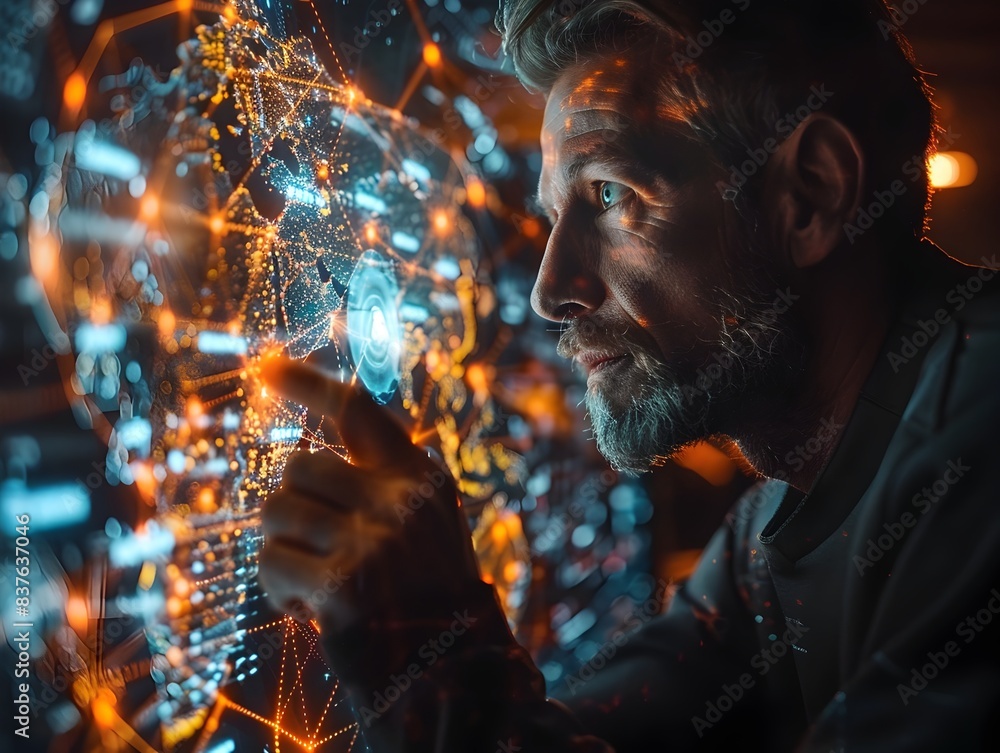 Poster businessman using futuristic holographic display to interact with global data networks showcasing ad