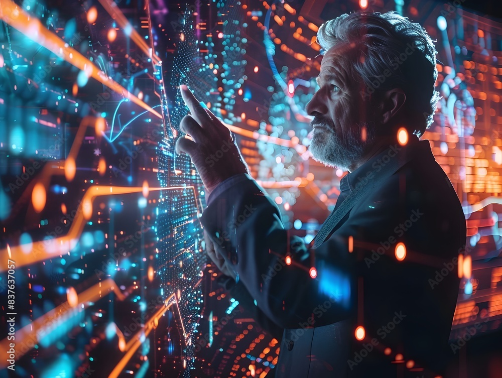Poster businessman utilizing holographic interfaces to interact with global data networks showcasing cuttin