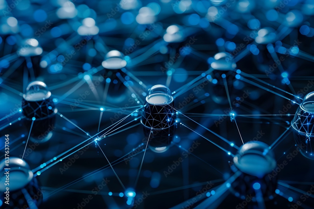  secure digital communication network with interconnected nodes and shields representing advanced cyb