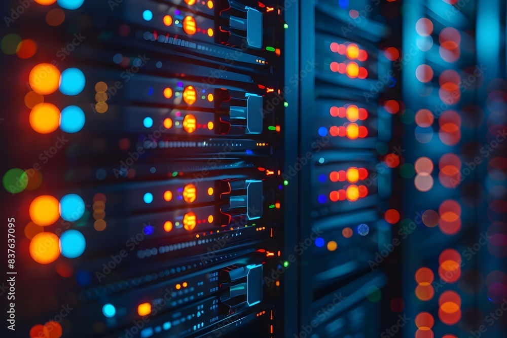 Poster robust digital infrastructure of network server room with blinking lights