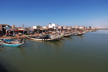 Fototapeta premium Boats in the river of Saint-Louis, Senegal, West Africa