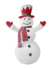 Snowman in a red Christmas hat Standing with arms spread isolated on white background.